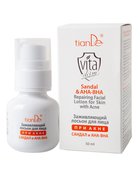 Zabliźniający lotion do twarzy przy trądziku „Sandał & AHA-BHA, 50ml